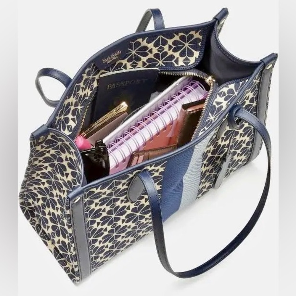 Kate Spade Blue Flower Jacquard Stripe Coated Canvas Large Market Tote - Picture 3 of 7